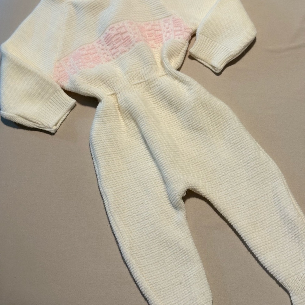 VintageCream and Pink Knit Baby Jumpsuit